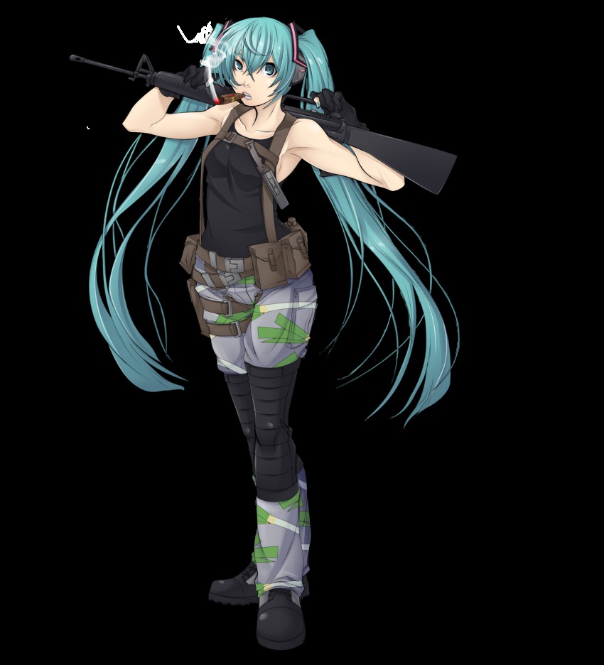 1girl aqua_eyes aqua_hair armpits arms_up assault_rifle boots chuunioniika cigar female_focus female_soldier fingerless_gloves full_body gloves gun hatsune_miku headphones highres knife long_hair m16 m16a4 metal_gear_(series) metal_gear_solid metal_gear_solid:_peace_walker military nail_polish pouch rifle smoking soldier solo toned toned_female transparent_background twintails vocaloid weapon
