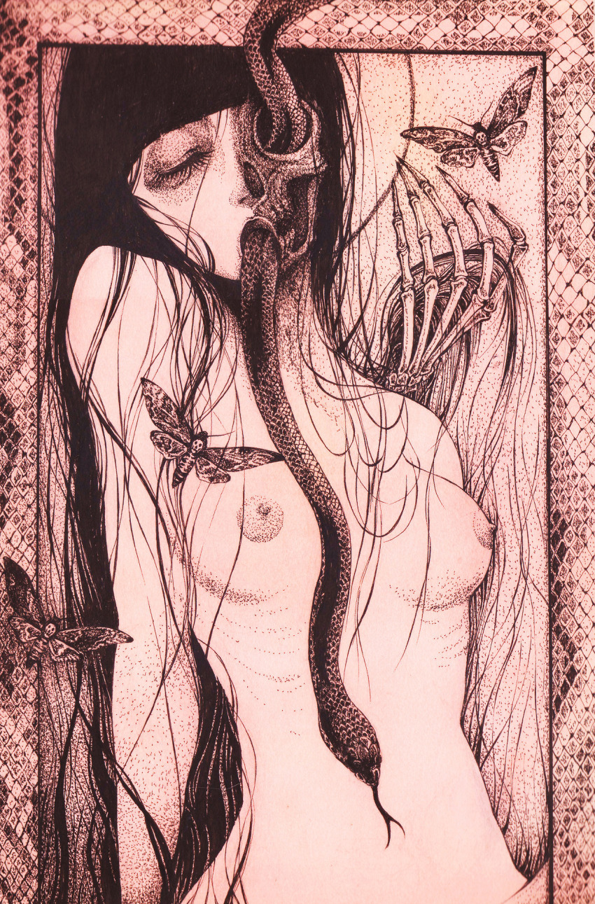 1girl blunt_bangs breasts bug charmal closed_eyes commentary_request cowboy_shot dragonfly eye_socket eyelashes forked_tongue greyscale head_tilt highres holding_another&#039;s_hair insect long_hair medium_breasts monochrome nipples open_mouth original picture_frame ribs skeletal_hand skinny snake solo tongue very_long_hair wavy_hair