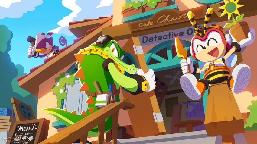 4boys animal_ears antennae bee_wings big_the_cat cat_ears chain charmy_bee commentary_request espio_the_chameleon gloves gold_chain hammer headphones holding holding_hammer holding_shovel insect_wings karasuno_yui looking_at_viewer male_focus menu_board multiple_boys official_art outdoors shovel sonic_(series) vector_the_crocodile white_gloves window wings yellow_eyes