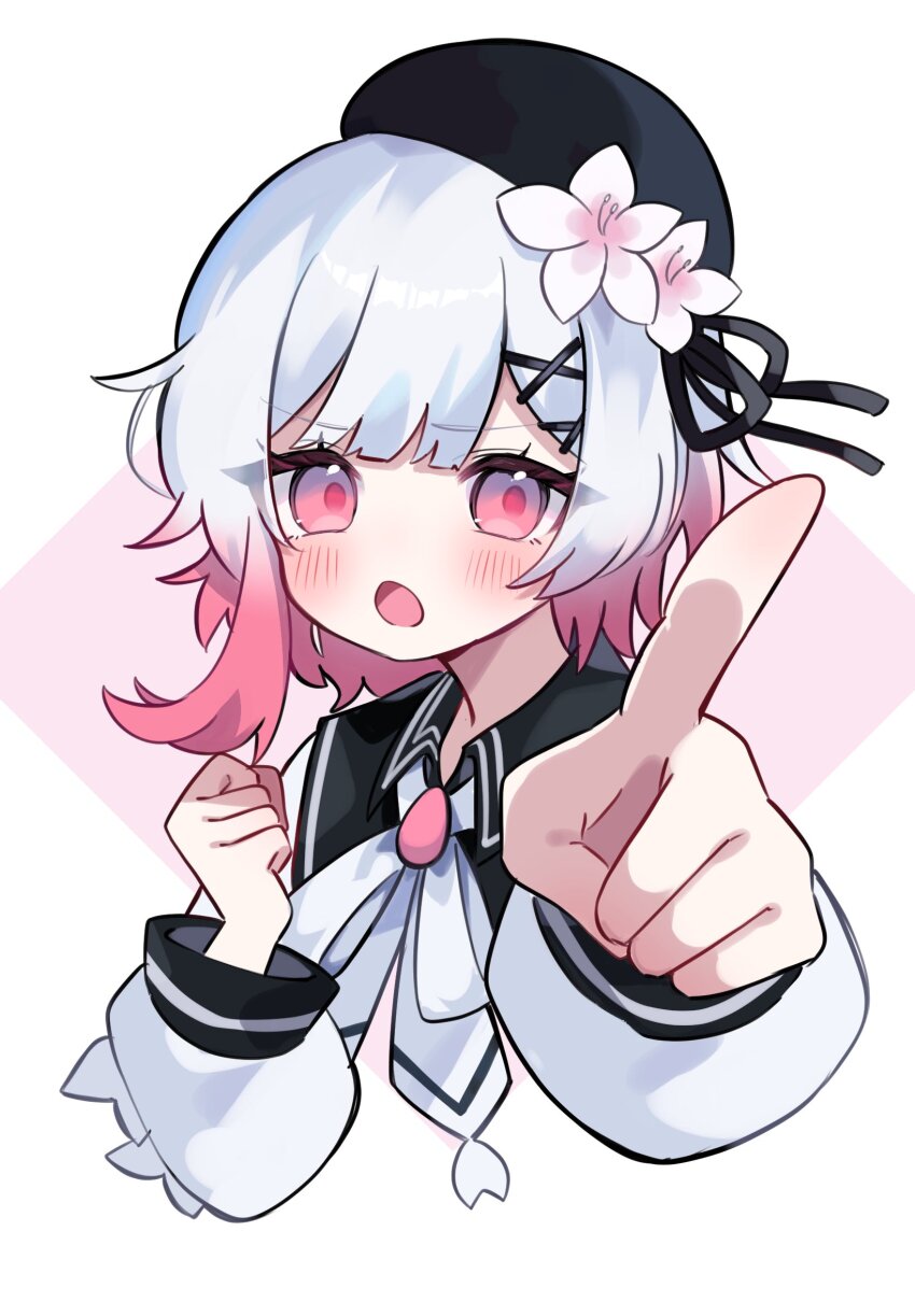 1girl beret black_hat black_ribbon brooch cherry_blossoms commentary_request flower gradient_hair hair_flower hair_ornament hands_up hat highres index_finger_raised jewelry long_sleeves looking_at_viewer mahou_shoujo_no_majo_saiban multicolored_hair nanakusa_yomogi neck_ribbon open_mouth pink_eyes pink_hair pointing pointing_at_viewer ribbon sakuraba_ema short_hair solo upper_body white_flower white_hair white_ribbon x_hair_ornament