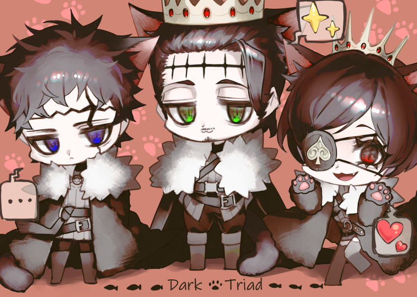 ... 1girl 2boys :3 :d absurdres animal_ears animal_hands animal_print armor belt belt_buckle black_belt black_clover black_footwear black_hair black_pants black_shirt blue_eyes boots breasts brown_footwear brown_jacket brown_vest buckle cape cat_boy cat_ears cat_girl cat_tail chest_harness chest_strap chibi coat crown cuirass dante_zogratis english_text eyepatch facial_hair facial_mark faulds fish_print frit_2 frown full_body fur_cape fur_coat fur_collar gem gloves goatee green_eyes hair_slicked_back harness heart high_collar highres insignia jacket knee_boots long_bangs looking_at_viewer miniskirt multiple_belts multiple_boys mustache o-ring open_clothes open_jacket open_mouth pants parted_bangs paw_gloves paw_pose paw_print paw_print_background red_eyes red_gemstone shirt short_hair shoulder_strap siblings sideburns single_sidelock skirt smile spade_(shape) spoken_ellipsis spoken_heart spoken_sparkle tail thigh_boots thighhighs tiara tunic vanica_zogratis vest zenon_zogratis