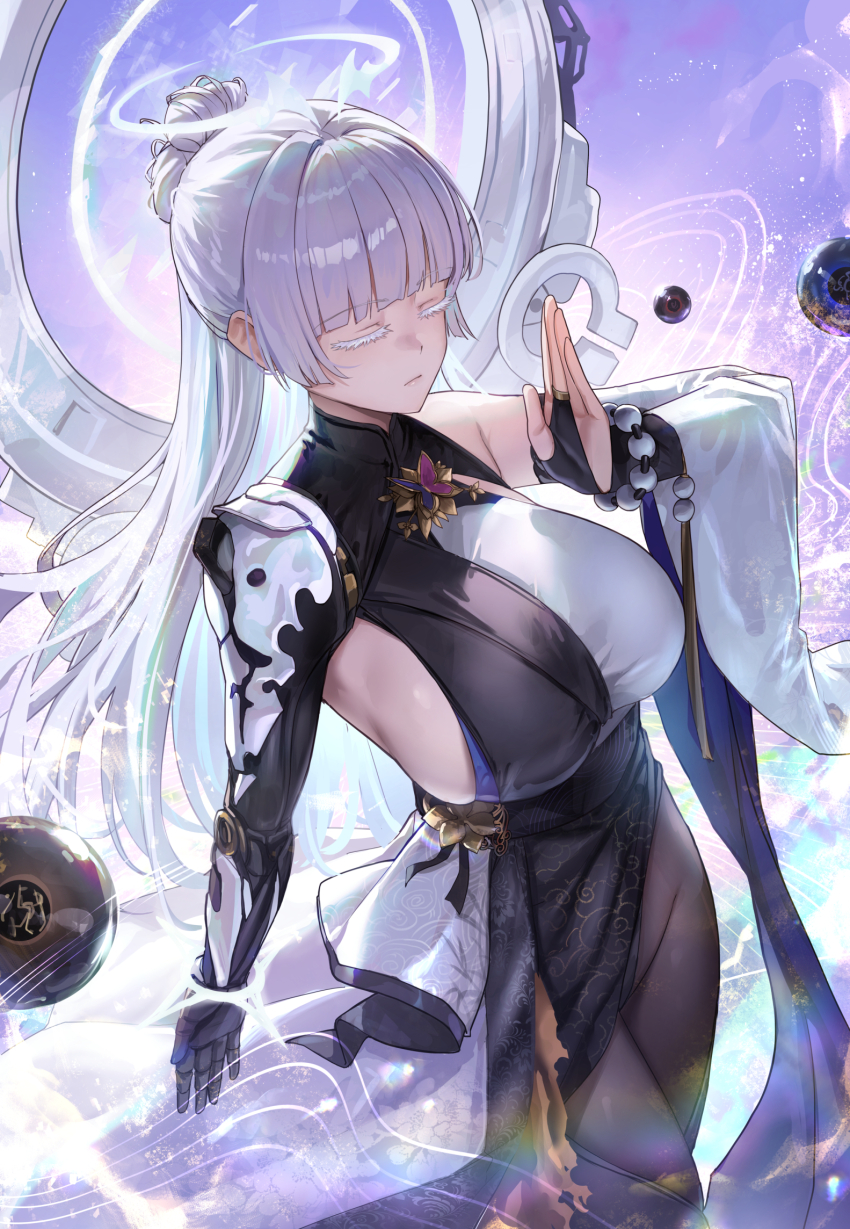 1girl bead_bracelet beads black_pantyhose bracelet breasts bridal_gauntlets closed_eyes closed_mouth colored_eyelashes commentary english_commentary from_above goddess_of_victory:_nikke haori highres japanese_clothes jewelry large_breasts long_hair mechanical_arms mechanical_hands monk nayuta_(nikke) open_hand pantyhose phusit print_haori single_bare_shoulder single_mechanical_arm single_mechanical_hand split-color_clothes standing very_long_hair white_eyelashes white_hair