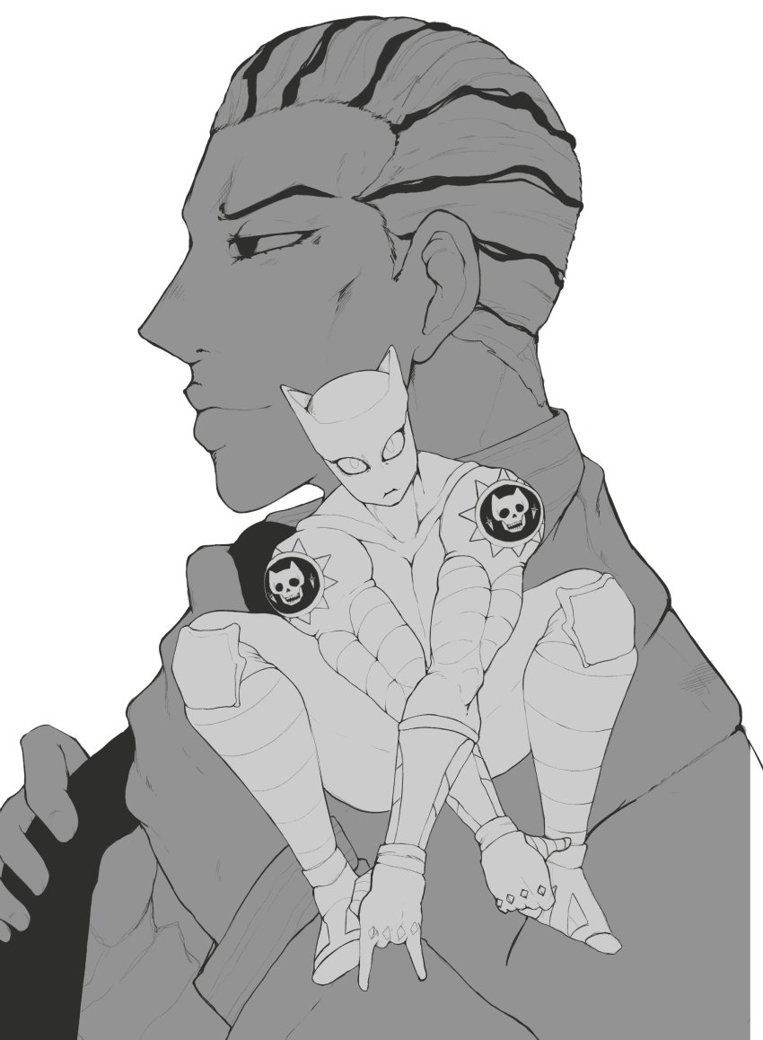 1boy absurdres black_necktie diamond_wa_kudakenai formal_clothes greyscale highres jojo_no_kimyou_na_bouken kawajiri_kosaku killer_queen kira_yoshikage looking_at_viewer looking_to_the_side monochrome necktie simple_background skull slit_pupils smoxul stand_(jojo) suit white_background white_hair white_suit