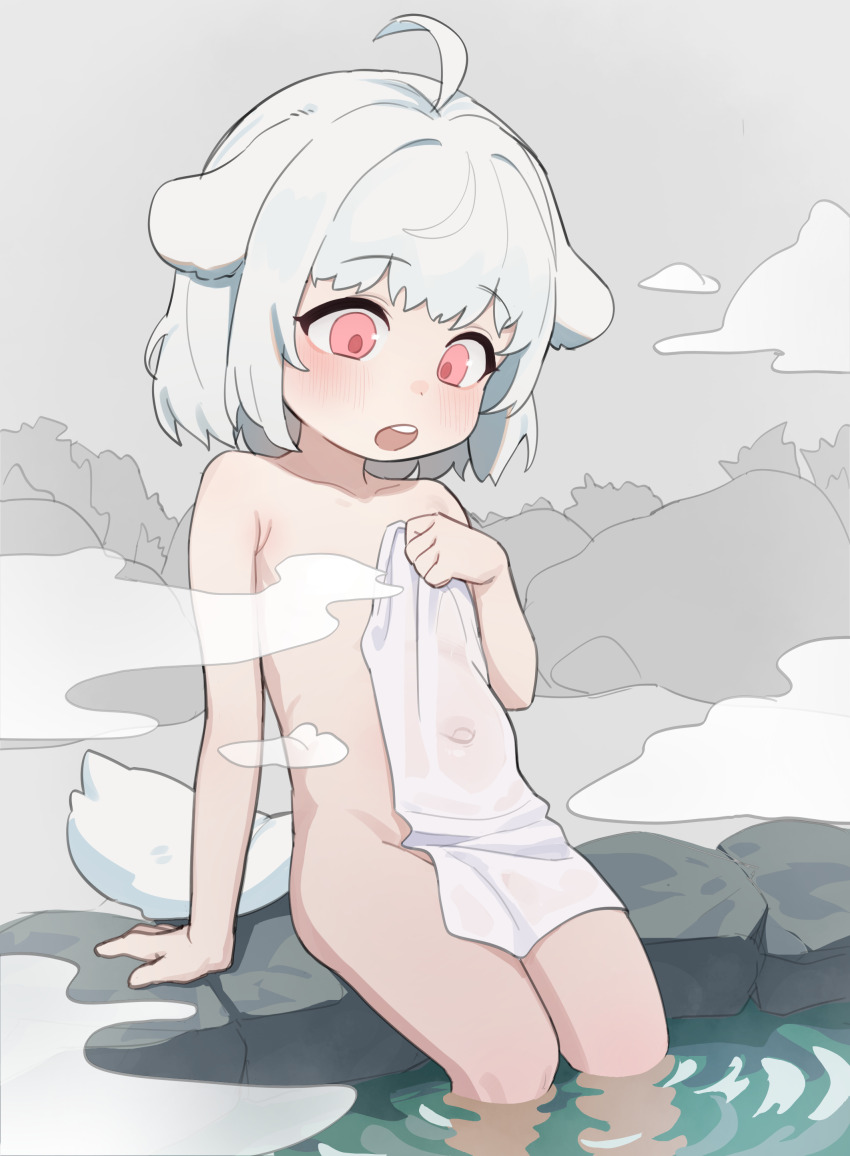 1girl absurdres ahoge animal_ears commentary_request convenient_censoring covering_privates dog_ears dog_girl dog_tail flat_chest highres holding holding_towel korean_commentary kosobin loli navel nude_cover onsen open_mouth original red_eyes short_hair sitting soaking_feet steam steam_censor tail teeth towel upper_teeth_only variant_set white_hair