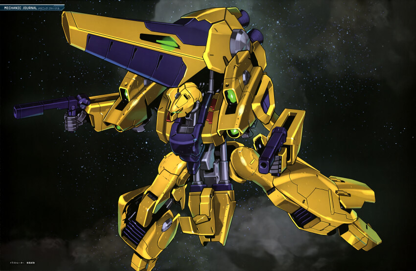 absurdres aeug artist_request beam_cannon dual_wielding energy_gun gundam gundam_perfect_file highres holding holding_weapon machinery mecha mecha_focus methuss mobile_suit no_humans official_art robot science_fiction solo space weapon zero_gravity zeta_gundam