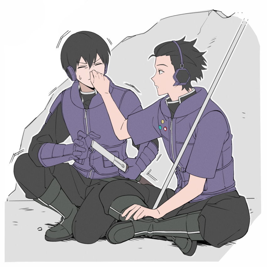 2boys black_footwear black_hair black_pants black_shirt blouse boots closed_eyes full_body gloves hair_slicked_back hand_on_own_leg hand_up headphones highres holding holding_sword holding_weapon indian_style jacket knee_boots long_sleeves looking_at_another male_focus miwa_shuuji multiple_boys on_one_knee outstretched_arm pants pants_tucked_in polearm profile purple_gloves purple_jacket shirt short_hair short_sleeves sitting surprised sword weapon white_background wince world_trigger yawai_tofu yoneya_yousuke