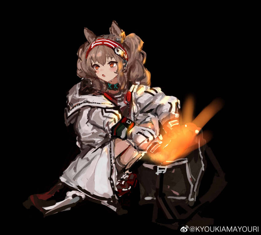1girl amayouri angelina_(arknights) animal_ears arknights bag black_background black_collar black_gloves black_socks blush brown_hair coat collar dot_nose duffel_bag earpiece fox_ears fox_girl gacha_(game_mechanic) gloves glowing hairband highres infection_monitor_(arknights) kneehighs long_sleeves open_clothes open_coat red_eyes red_hairband simple_background socks solo squatting striped_clothes striped_hairband twintails two-tone_hairband watermark weibo_watermark white_coat