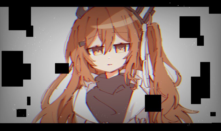 1girl 404 a.i._voice adachi_rei alternate_hair_length alternate_hairstyle black_shirt glitch grey_background hair_between_eyes hair_ornament hair_ribbon hairclip highres http_status_code jacket letterboxed long_hair looking_at_viewer nanashi_(pos_t_0w0) one_side_up open_clothes open_jacket orange_eyes orange_hair power_symbol-shaped_pupils ribbon shirt solo symbol-shaped_pupils text_in_eyes turtleneck upper_body utau white_jacket white_ribbon