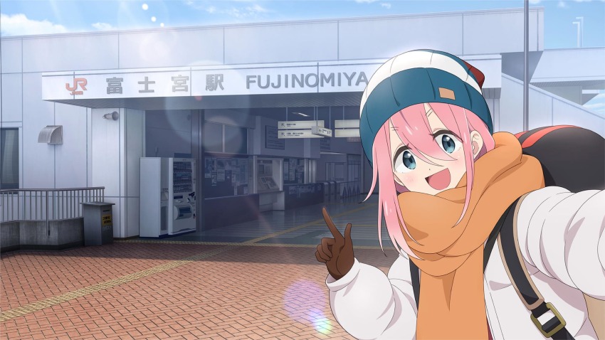 1girl :d arm_up backpack bag black_bag blue_eyes blue_hat blue_sky blush brown_gloves bulletin_board chain-link_fence cloud fare_gate fence finger_gun gloves hair_between_eyes hand_up hat highres index_finger_raised jacket kagamihara_nadeshiko knit_hat lens_flare light_rays long_hair long_sleeves looking_at_viewer official_art open_clothes open_jacket open_mouth orange_scarf outdoors outstretched_arms pink_hair reaching red_shirt scarf selfie shirt sign sky smile solo speaker sunbeam sunlight tactile_paving tile_floor tiles train_station trash_can upper_body v-shaped_eyebrows vending_machine white_jacket yurucamp