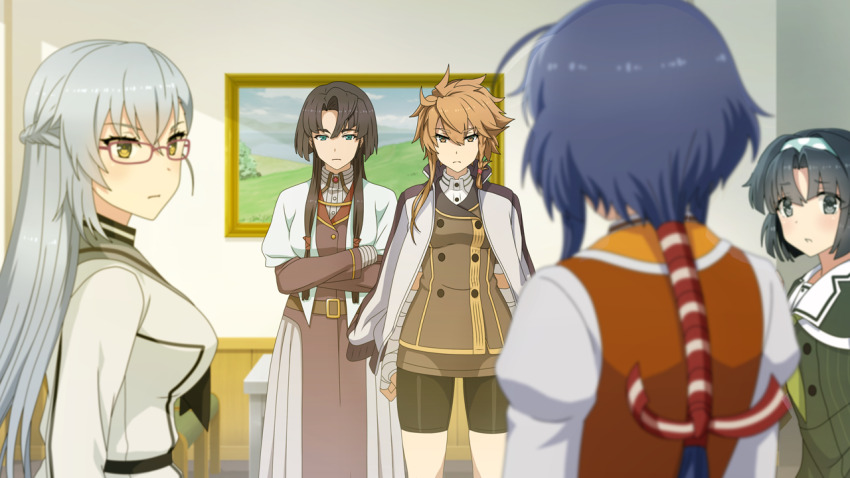 5girls ayanokouji_martial_arts_school_uniform bandaged_arm bandages black_hair black_shorts blue_hair blurry blurry_foreground braid breasts brown_dress brown_jacket closed_mouth crossed_arms dress game_cg glasses green_dress green_eyes green_hairband grey_eyes grey_hair hairband half_up_braid heijou_institute_school_uniform indoors jacket jacket_on_shoulders kitora_mirja large_breasts long_hair long_sleeves looking_at_another multiple_girls musumi_kiyoka non-web_source orange_eyes orange_hair orange_jacket origami_akane origami_family&#039;s_elite_guard_uniform osafune_girls_academy_school_uniform painting_(object) parted_bangs parted_lips ponytail sailor_collar school_uniform setouchi_chie shidou_maki_(toji_no_miko) shirt short_hair shorts sidelocks standing toji_no_miko toji_no_miko:_kizamishi_issen_no_tomoshibi white_jacket white_sailor_collar white_shirt winter_uniform yellow_eyes
