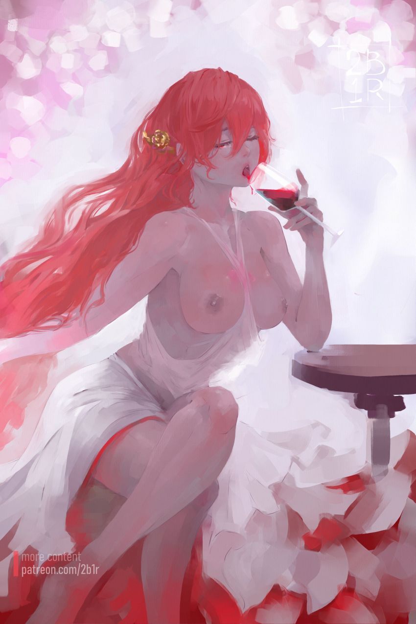 2b1r 2bells1ravine absurdres alcohol artistic_nudity breasts closed_eye crossed_legs cup dress drinking_glass hair_between_eyes hair_ornament highres himeko_(honkai:_star_rail) holding_wine_glass honkai:_star_rail honkai_(series) legs licking long_hair medium_breasts navel nipples red_hair shirt tongue tongue_out topless_female wine wine_glass