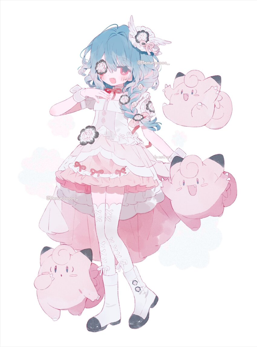 1girl blue_hair blush boots bow braid clefairy dress eyepatch flower full_body gen_1_pokemon hair_ornament highres long_hair looking_at_viewer memuro nintendo original personification pink_bow pink_dress pink_eyes pokemon pokemon_(creature) short_sleeves smile solo thighhighs twitter_username white_background