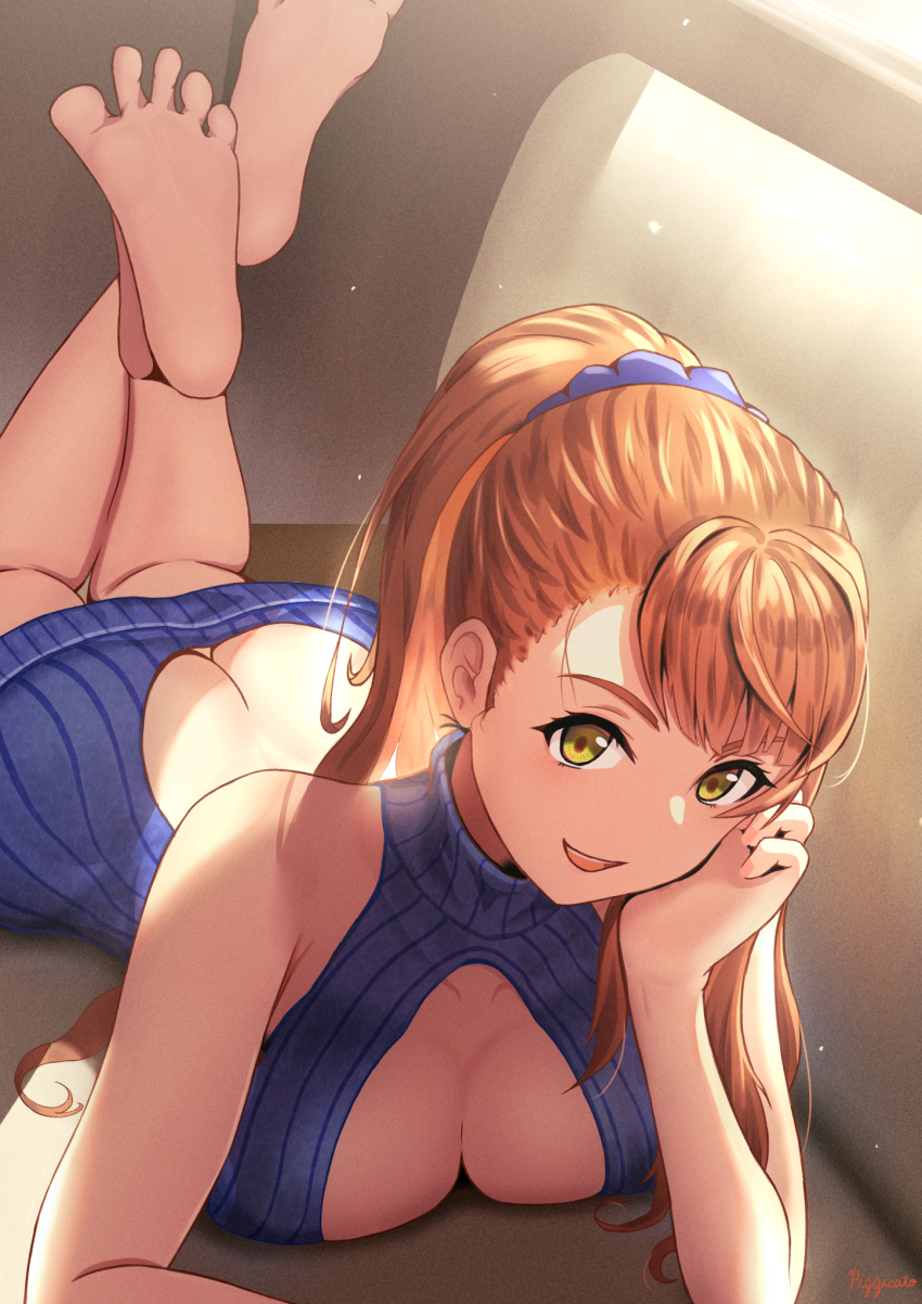 1girl arm_support ass bare_legs bare_shoulders barefoot beatrix_(granblue_fantasy) blue_sweater breasts brown_hair butt_crack cleavage crossed_legs feet feet_up granblue_fantasy green_eyes highres large_breasts looking_at_viewer lying meme_attire naked_sweater on_stomach open_mouth pizzicato_il ponytail soles solo spread_toes sweater the_pose toes virgin_killer_sweater
