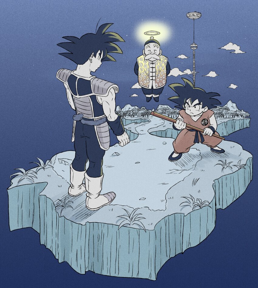 3boys absurdres armor arms_behind_back bardock boots cloud commentary dougi dragon_ball dragon_ball_(classic) dragon_ball_minus english_commentary father_and_son frown grandpa_gohan grass halo highres kami&#039;s_lookout karin_tower male_focus monkey_tail mountain multiple_boys muscular muscular_male old old_man ruyi_jingu_bang saiyan_armor serious shoulder_armor son_goku tail tail_around_waist yuichi_ishikawa