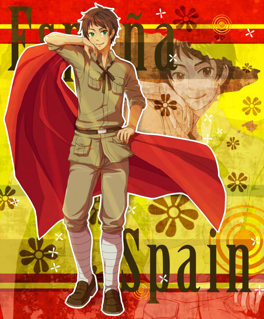 1boy axis_powers_hetalia belt brown_hair brown_pants brown_shirt brown_shoes cape character_name commentary_request full_body green_eyes highres male_focus momiage outline pants red_cape shirt shoes short_hair solo spain_(hetalia) spanish_flag white_outline zoom_layer