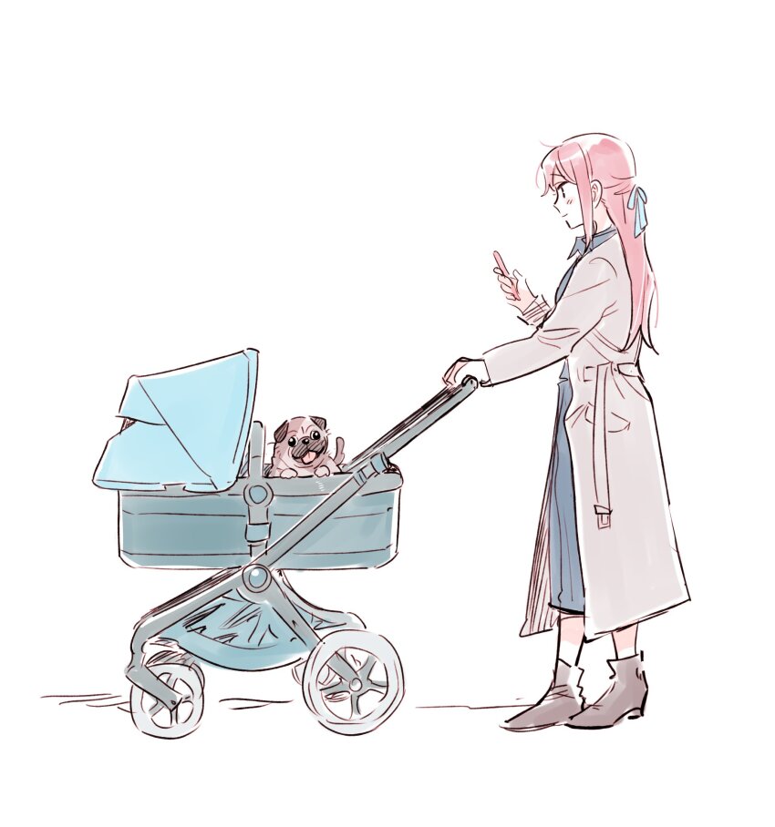 1girl blue_dress blue_ribbon blush brown_footwear cellphone closed_mouth coat commentary_request dress full_body grey_coat hair_ribbon highres holding holding_phone korean_commentary long_hair long_sleeves love_live! love_live!_sunshine!! outdoors phone pito_(sh02327) pug red_hair ribbon sakurauchi_riko simple_background smartphone smile solo standing stroller white_background