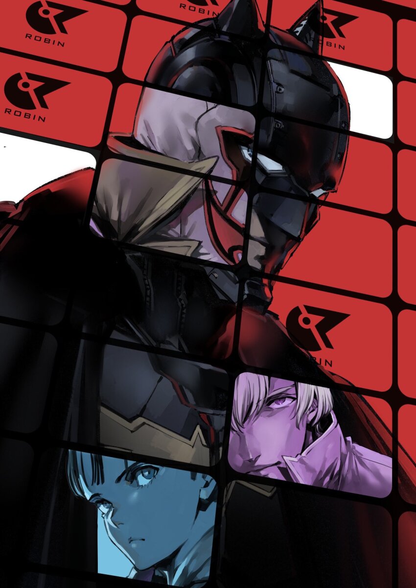 4boys armor batman batman_(series) batman_justice_buster blonde_hair blue_eyes brown_eyes brown_hair cover cover_page dc_comics dick_grayson highres jason_todd looking_at_viewer looking_to_the_side male_focus manga_cover mask multiple_boys official_art power_armor shimizu_eiichi shimoguchi_tomohiro the_joker v-shaped_eyebrows