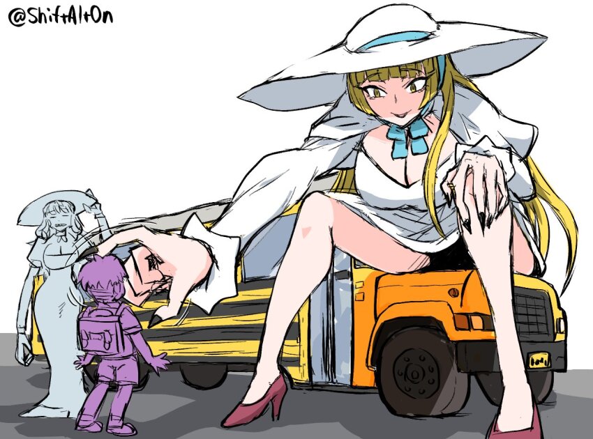 1boy 2024 2girls adjusting_clothes adjusting_headwear age_difference annoyed artist_name backpack bag bare_legs black_hair black_lips black_nails blonde_hair blunt_bangs breasts bus capelet caplet choker cleavage closed_eyes commentary curly_hair dress fingernails foreshortening frilled_sleeves frills happy hat height_difference high_heels japanese_text juliet_sleeves large_breasts large_hands long_eyelashes long_sleeves looking_at_another miss_eight_yard_(tonda) motor_vehicle multiple_girls open_mouth original outdoors own_hands_together petting puffy_sleeves pumps purple_shoes shadow sharp_fingernails sharp_teeth shirt shoes short_hair shorts simple_background sitting size_difference slit_pupils straight_hair strap sun_hat tall_female teeth tonda white_background white_dress white_hat yellow_eyes