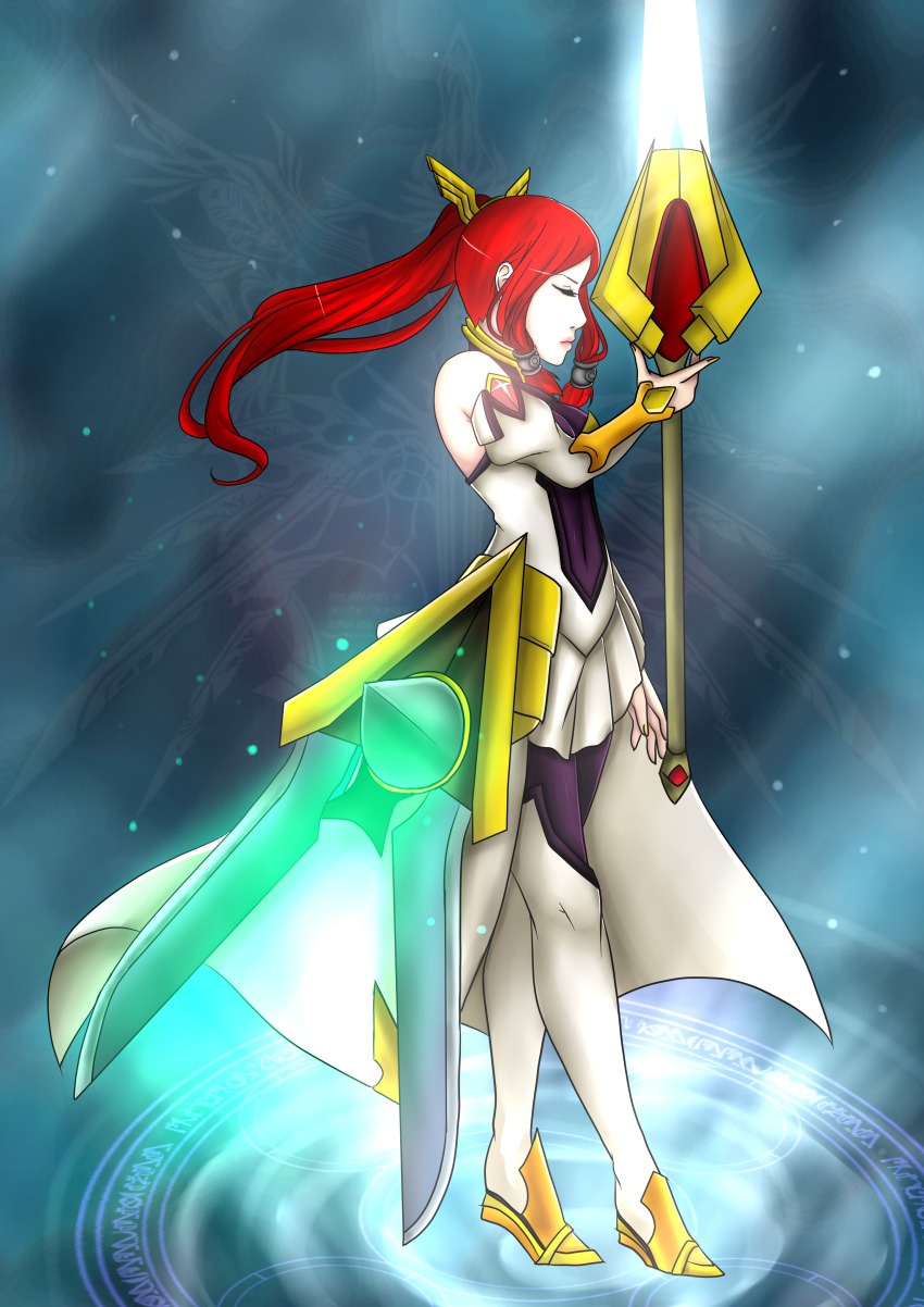 1girl absurdres arc_system_works armor blazblue blazblue:_chronophantasma bodice boots breastplate chisana-neko closed_eyes hair_ornament hair_tubes highres izayoi izayoi_(blazblue) long_hair nail_polish ponytail red_hair shield skirt sword tsubaki_yayoi weapon white_legwear