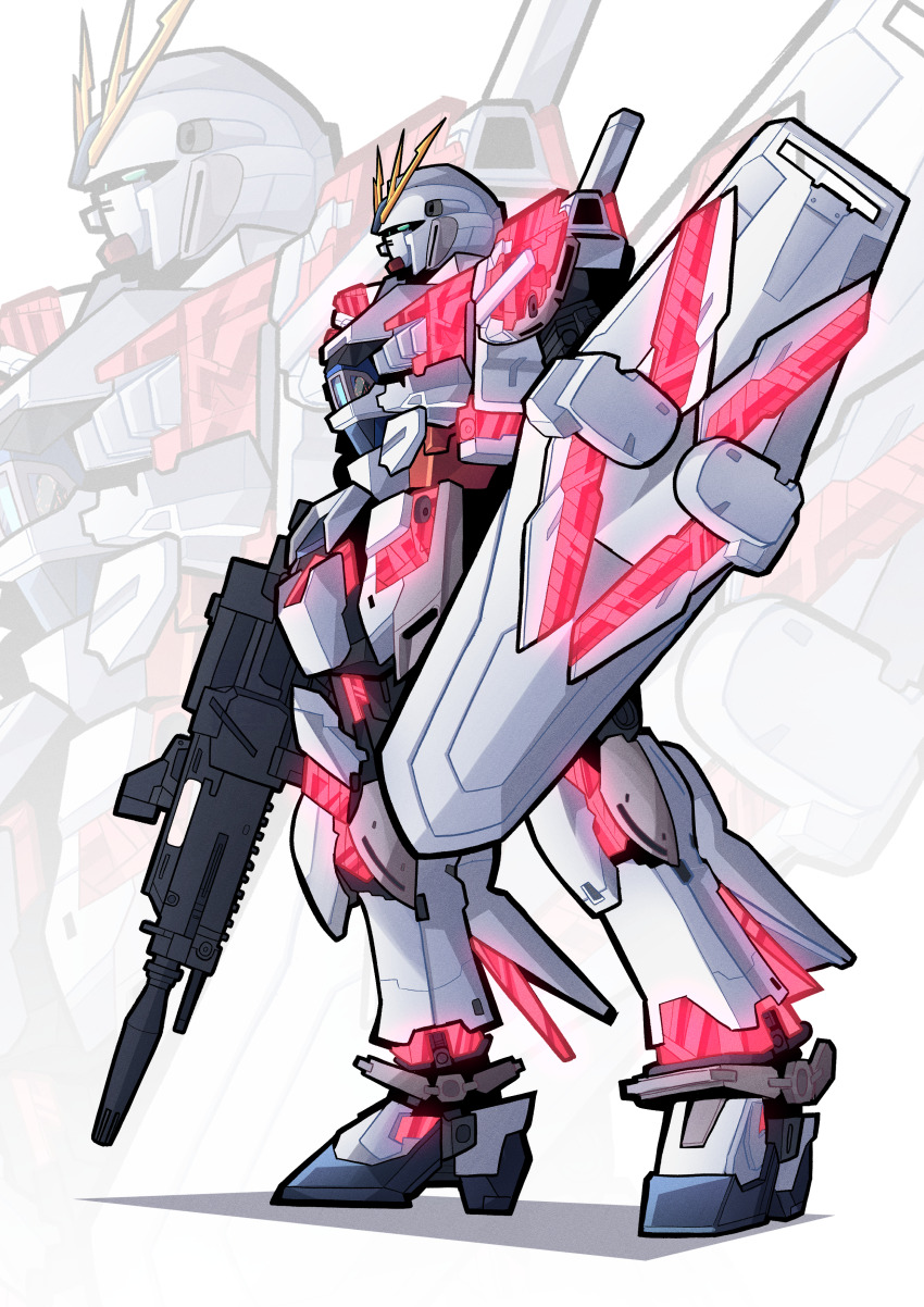 absurdres beam_rifle energy_gun from_side green_eyes gun gundam gundam_narrative gylmyr highres holding holding_gun holding_weapon mecha mecha_focus mobile_suit narrative_gundam narrative_gundam_c-packs no_humans nt-d profile robot science_fiction shield solo standing v-fin weapon zoom_layer