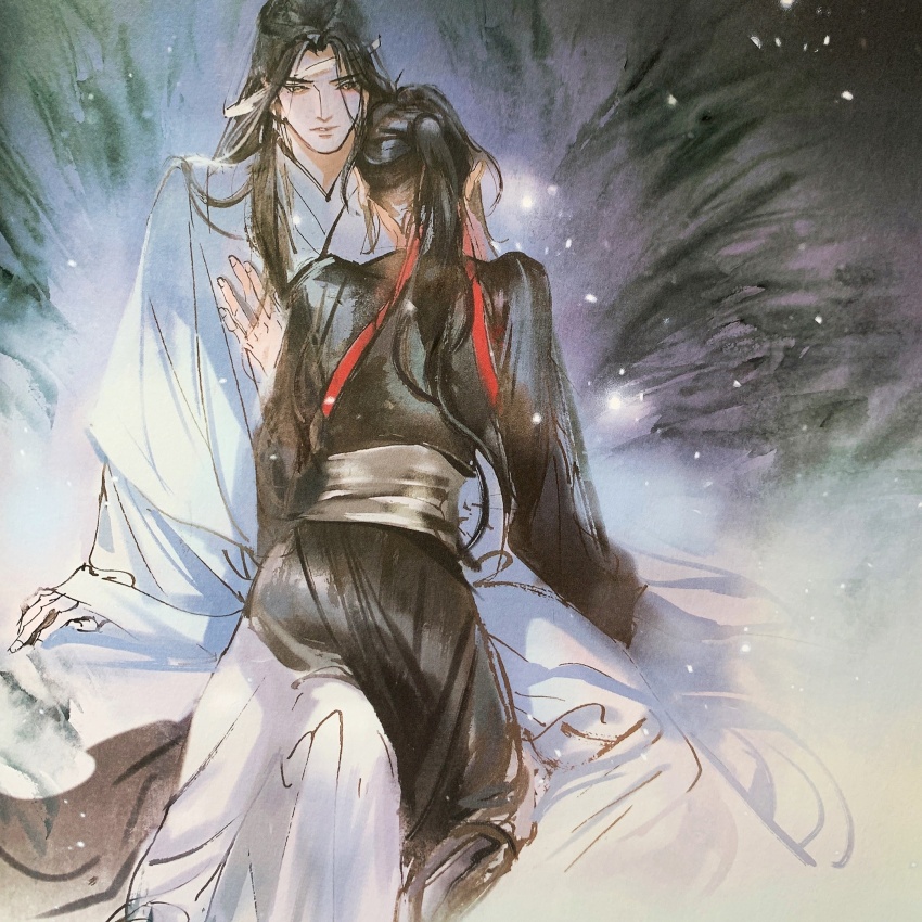 2boys black_hair black_hanfu chinese_clothes faux_traditional_media from_behind hair_ribbon hand_on_another&#039;s_chest hanfu haystack highres ink_wash_painting kcllzas163 lan_wangji light_particles long_hair long_sleeves looking_at_another male_focus modao_zushi multiple_boys parted_lips ponytail red_ribbon ribbon robe sash sitting sitting_on_lap sitting_on_person third-party_source wei_wuxian white_hanfu wide_sleeves yaoi