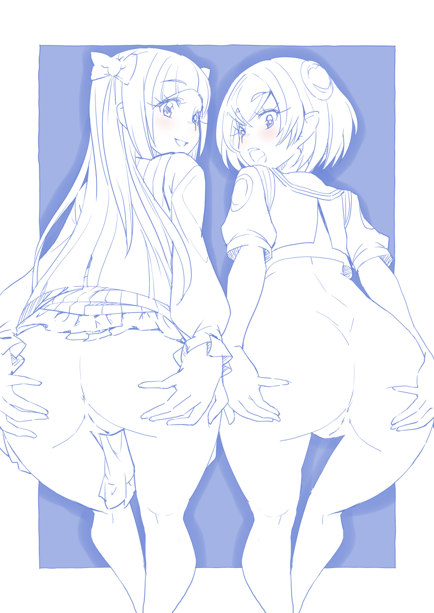 2girls absurdres ass bent_over blouse blue_theme blush bottomless bow cleft_of_venus cropped_jacket from_behind frown hagoromo_lala hair_bow hair_ornament hand_on_own_ass highres kaguya_madoka leaning_forward long_hair long_sleeves looking_at_viewer looking_back mihoshi_middle_school_uniform miniskirt miyagoe_yoshitsuki monochrome multiple_girls open_mouth pleated_skirt pointy_ears precure pussy school_uniform shirt short_hair short_sleeves side-by-side skirt smile standing star_twinkle_precure