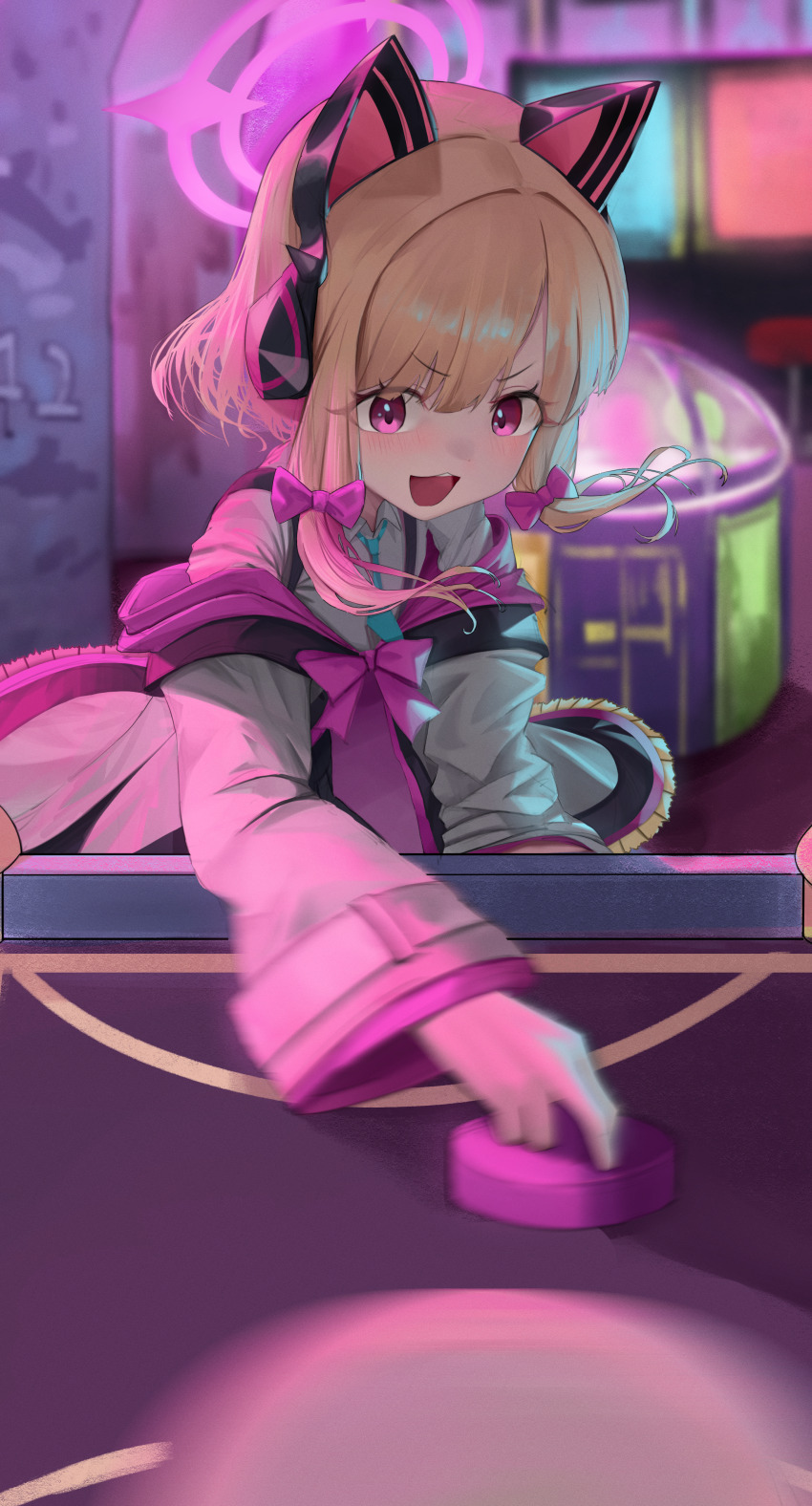 1girl :3 :d absurdres air_hockey air_hockey_mallet air_hockey_puck air_hockey_table animal_ear_headphones animal_ears aqua_necktie black_coat black_skirt blonde_hair blue_archive blurry blurry_background blush bow cat_ear_headphones cat_ears coat collared_shirt commentary depth_of_field eyes_visible_through_hair fake_animal_ears floating_clothes floating_hair frilled_coat frills hair_bow halo headphones highres holding hood hooded_coat indoors long_sleeves looking_at_viewer low-tied_sidelocks momoi_(blue_archive) motion_blur multicolored_coat necktie off_shoulder open_mouth parted_bangs pink_bow pink_coat pink_eyes pink_halo playing_games shirt short_hair sidelocks skirt smile solo suspender_skirt suspenders table teeth ubeuna upper_teeth_only v-shaped_eyebrows white_coat white_shirt