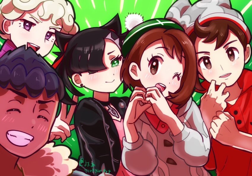 2girls 3boys beanie bede_(pokemon) black_hair black_jacket bob_cut brown_eyes brown_hair closed_eyes curly_hair fur_trim gloria_(pokemon) green_background grey_hat grey_sweater hat heart heart_hands hop_(pokemon) jacket marnie_(pokemon) multiple_boys multiple_girls nintendo pokemon pokemon_swsh purple_eyes purple_hair red_shirt sheyona shirt short_hair smile sweater tam_o&#039;_shanter upper_body victor_(pokemon) white_hair
