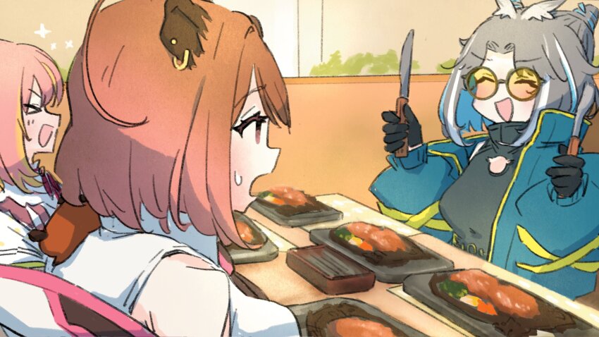 3girls :d absurdres animal_ear_piercing animal_ears black_dress black_gloves blonde_hair blue_coat blue_hair booth_seating brown_hair capybara_ears capybara_girl closed_eyes coat commentary_request dress earrings food fork glasses gloves grey_hair highres hira_hikari holding holding_fork holding_knife hot_plate indoors jewelry knife looking_at_another multicolored_hair multiple_girls nanashi_inc. open_clothes open_coat open_mouth oura_rukako pink_hair restaurant round_eyewear short_hair sitting smile steak streaked_hair tinted_eyewear upper_body virtual_youtuber white_hair xoo_(x) yellow-tinted_eyewear yunohara_izumi