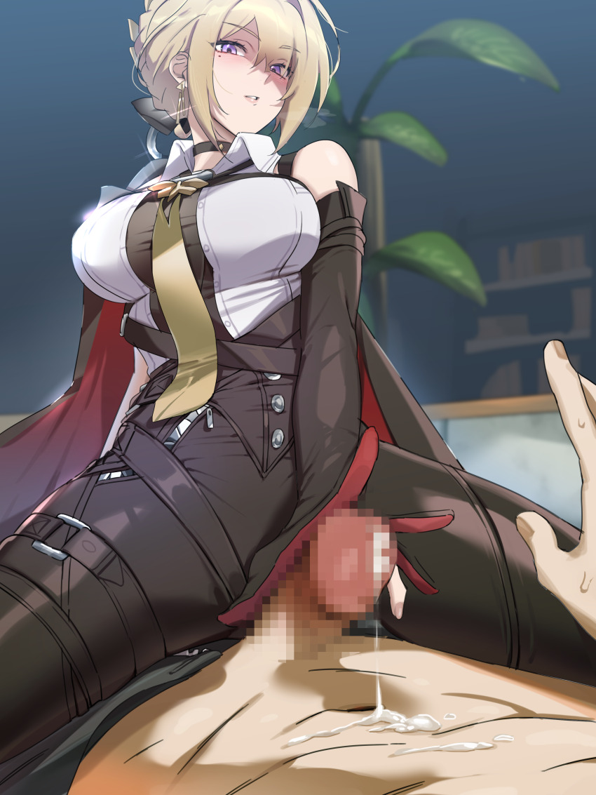 1boy 1girl absurdres bare_shoulders black_gloves black_pants blonde_hair breasts censored collared_shirt cum earrings evelyn_chevalier gloves highres jacket jewelry large_breasts long_hair looking_at_viewer mosaic_censoring necktie pants parted_lips penis purple_eyes saki_(remainaddd) shirt sidelocks sleeveless solo_focus straddling white_background white_shirt zenless_zone_zero