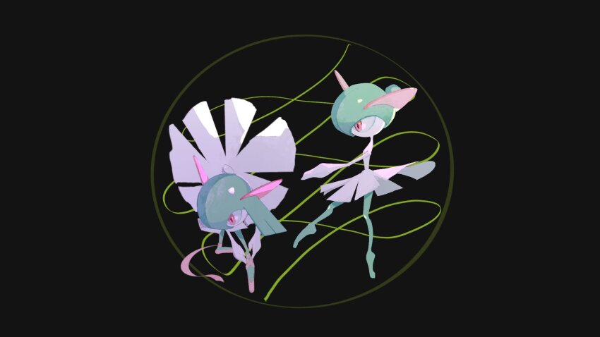ballerina ballet ballet_slippers black_background colored_skin dancing gen_3_pokemon green_hair green_skin hair_bun highres kirlia multicolored_skin mxlaghrsuk33yws nintendo pink_eyes pokemon pokemon_(creature) sidelocks simple_background single_hair_bun tutu two-tone_skin white_skin