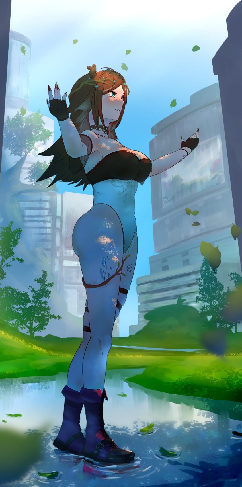 1girl animal_ears artist_request bare_shoulders boots braid branch branch_ornament breasts brown_hair building day fingerless_gloves fingernails full_body gloves grass highres horns indie_virtual_youtuber leaf long_hair medium_breasts petals sharp_fingernails sugi_aoki thighs virtual_youtuber water