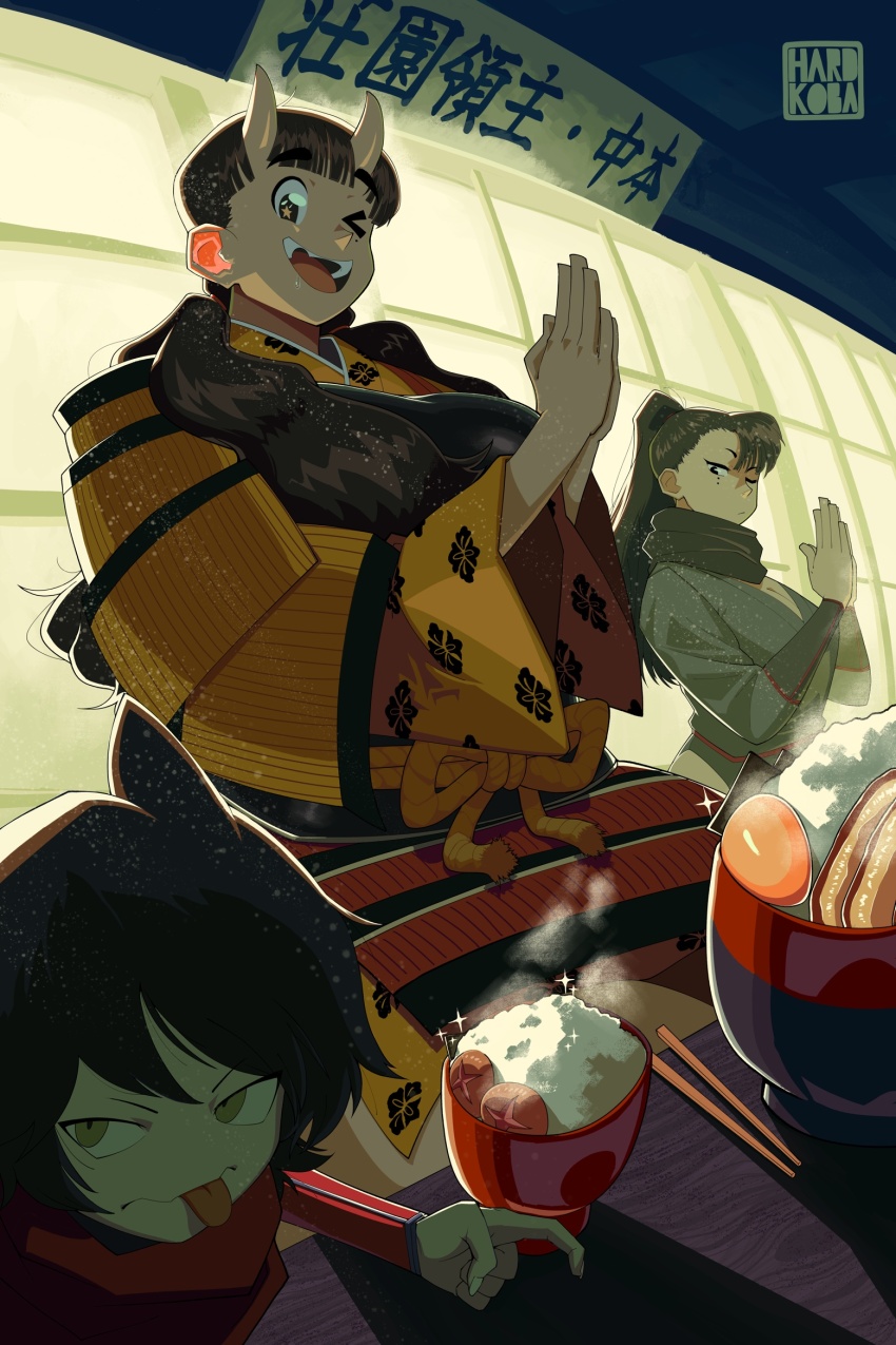 3girls :d animal_ears armor artist_logo black_hair bowl breasts cat_ears cleavage dungeon_meshi food hardkoba hien highres horns inutade izutsumi japanese_armor large_breasts logo multiple_girls ninja one_eye_closed oni open_mouth praying rice_bowl skin-covered_horns smile table tongue tongue_out