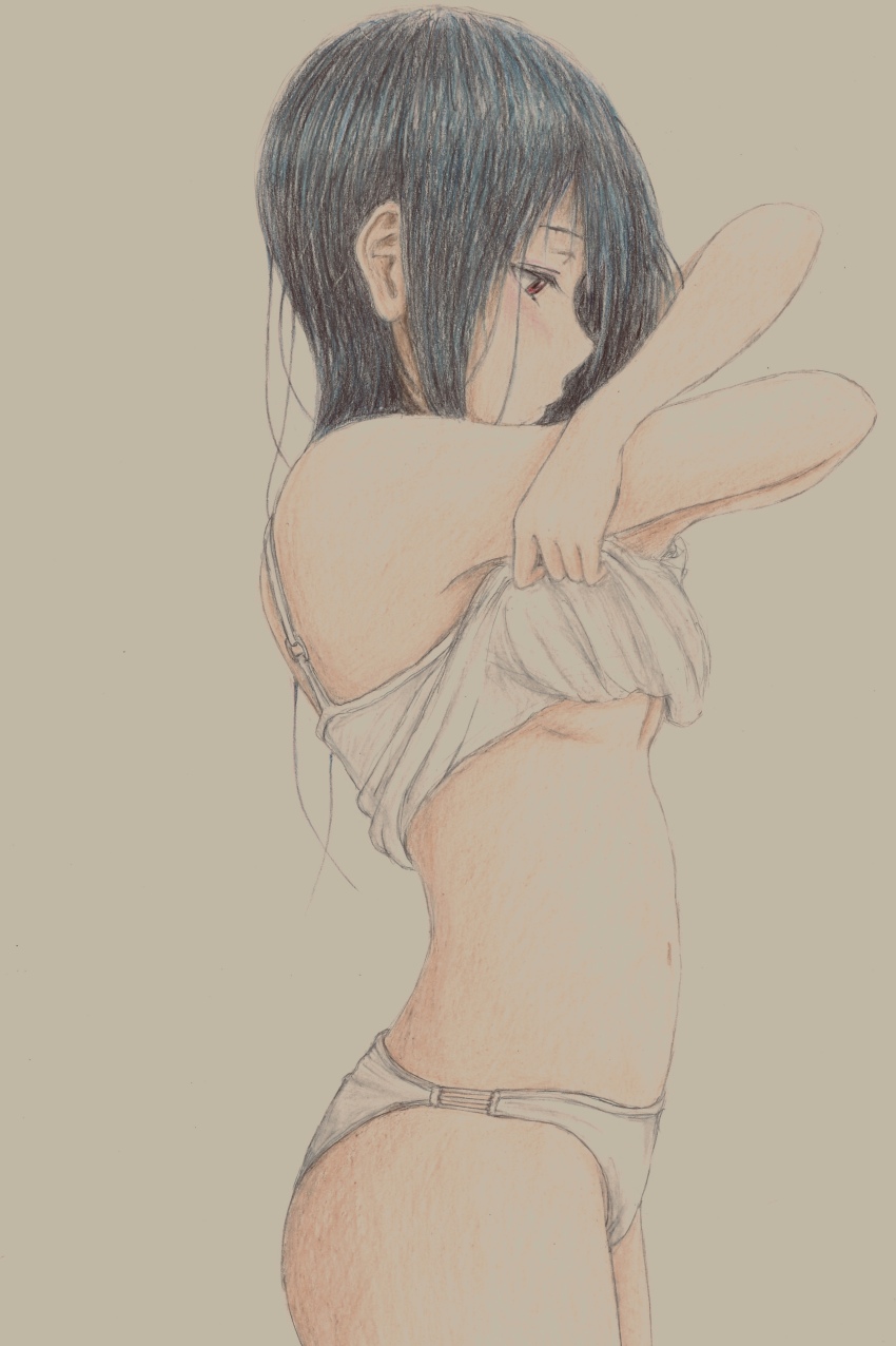 1girl absurdres bbmasa black_hair breasts camisole camisole_lift closed_mouth clothes_lift cowboy_shot from_side gradient_background hibike!_euphonium highres lifting_own_clothes liz_to_aoi_tori long_hair medium_breasts navel panties profile red_eyes solo traditional_media underwear underwear_only undressing white_camisole white_panties yellow_background yoroizuka_mizore