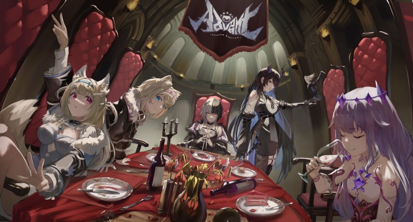 5girls alcohol animal_ears armchair asymmetrical_legwear banner black_hair black_horns black_jacket black_wings blonde_hair blue_eyes blue_hair bluehead_white_dragon bottle breasts broken_horn cake candlestand chair chest_jewel circlet cleavage closed_eyes colored_inner_hair cup demon_horns detached_sleeves dining_room dog_ears dog_girl dog_tail dress drinking_glass feather-trimmed_jacket feather-trimmed_sleeves feathered_wings fisheye food fuwawa_abyssgard fuwawa_abyssgard_(1st_costume) gem highres holding holding_cup holoadvent hololive hololive_english horns jacket koseki_bijou koseki_bijou_(1st_costume) large_breasts looking_at_viewer low_wings mococo_abyssgard mococo_abyssgard_(1st_costume) multicolored_hair multiple_girls nerissa_ravencroft nerissa_ravencroft_(1st_costume) off_shoulder outstretched_arm plate purple_gemstone purple_hair red_eyes shiori_novella shiori_novella_(1st_costume) shirt sitting_sideways smile split-color_hair standing steepled_fingers table tail v vase vest virtual_youtuber w waistcoat white_dress white_hair white_shirt wilted_flower wine wine_bottle wine_glass wings yellow_eyes