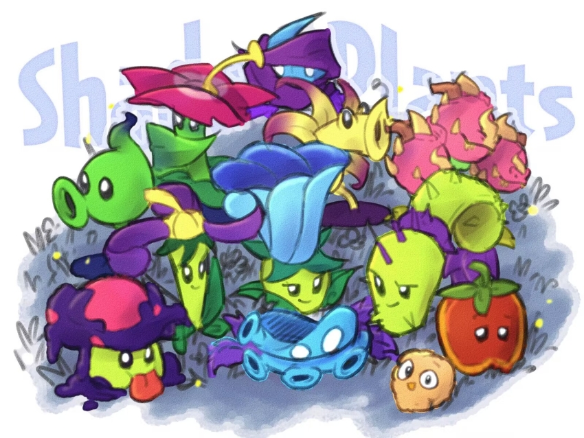 black_eyes blank_eyes blue_flower cactus chinese_commentary closed_mouth commentary_request conceal-mint_(plants_vs._zombies) dragon_bruit_(plants_vs._zombies) dusk_lobber_(plants_vs._zombies) english_text film_grain fireflies flower food from_above gloom-vine_(plants_vs._zombies) grimrose_(plants_vs._zombies) highres leaf looking_ahead looking_at_viewer moonflower_(plants_vs._zombies) murkadamia_nut_(plants_vs._zombies) mushroom nightshade_(plants_vs._zombies) no_humans no_mouth no_nose noctarine_(plants_vs._zombies) nut_(food) on_grass open_mouth outline pink_flower plant plant_focus plants_vs._zombies plants_vs._zombies_2 plants_vs._zombies_2_(chinese) poison purple_flower shadow-shroom_(plants_vs._zombies) shadow_peashooter_(plants_vs._zombies) shadow_vanilla_(plants_vs._zombies) shuangyezhizhongbingmiaoxinsheng simple_background smile smug solid_oval_eyes tongue tongue_out uneven_eyes white_background