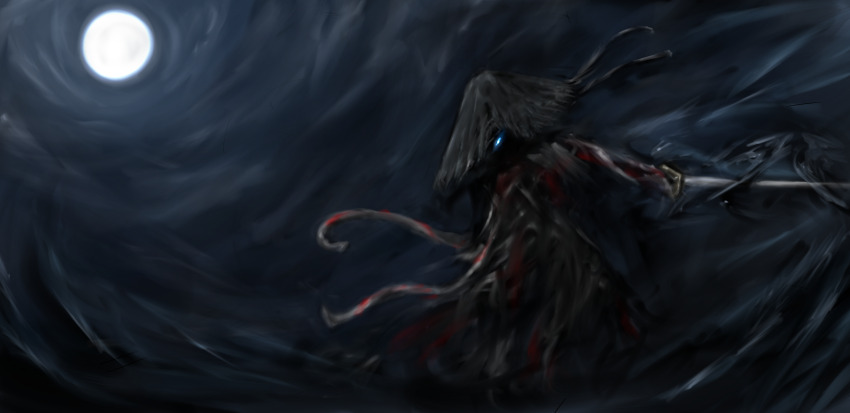 1boy black_robe blood blood_on_clothes blue_eyes commentary_request full_moon glowing glowing_eye hat hen_na highres holding holding_sword holding_weapon korean_commentary limbus_company looking_at_viewer male_focus meursault_(project_moon) moon project_moon rice_hat robe solo standing sword weapon