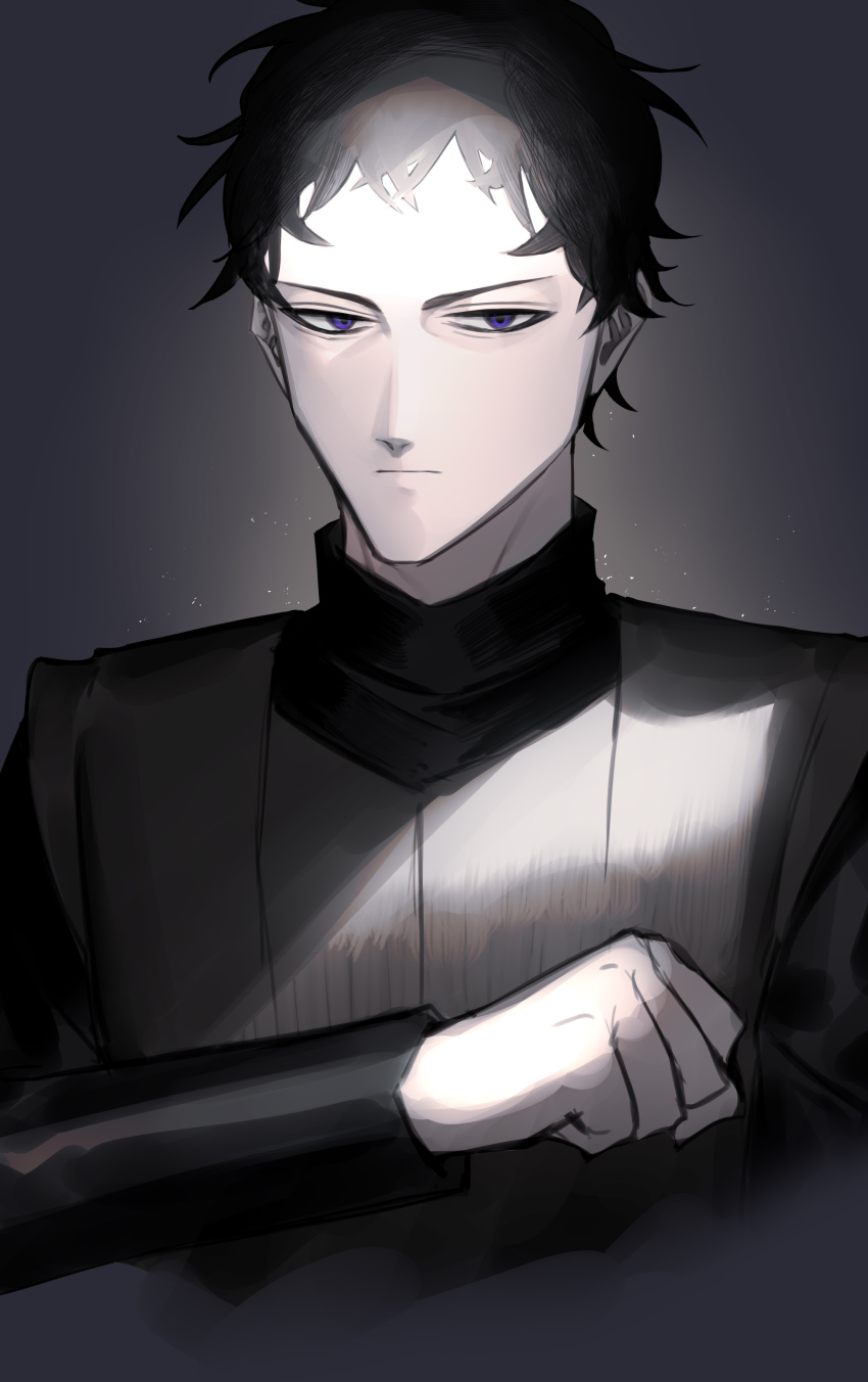 1boy :| absurdres armor backlighting black_clover black_hair black_shirt blue_eyes clenched_hand closed_mouth cuirass dark_background frit_2 high_collar highres light_particles long_sleeves looking_at_viewer male_focus messy_hair narrowed_eyes portrait salute serious shirt short_hair solo spotlight aged_down zenon_zogratis