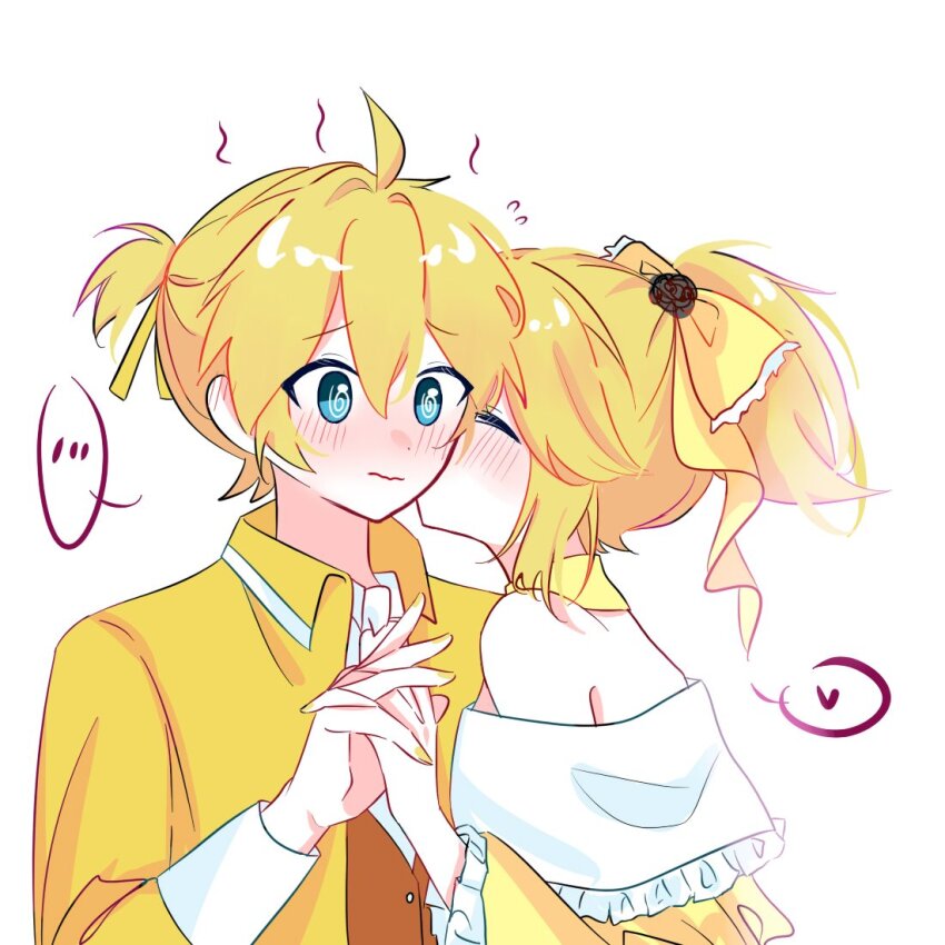 ... 1boy 1girl @_@ ahoge aku_no_meshitsukai_(vocaloid) aku_no_musume_(vocaloid) ascot bare_shoulders black_flower black_rose blank_speech_bubble blonde_hair blue_eyes blueberry_hedy blush bow brown_vest choker clueless coat collared_coat collared_jacket collared_shirt dress embarrassed evillious_nendaiki flower flustered flying_sweatdrops frilled_sleeves frills hair_bow hair_flower hair_ornament head_steam heart high_ponytail interlocked_fingers jacket kagamine_len kagamine_rin kiss kissing_cheek leaning_forward off-shoulder_dress off_shoulder pale_skin ponytail rose shirt short_ponytail siblings sidelocks speech_bubble spoken_ellipsis spoken_heart surprised twins updo vest vocaloid wavy_mouth white_ascot white_shirt wide_sleeves yellow_bow yellow_choker yellow_coat yellow_dress yellow_jacket yellow_nails