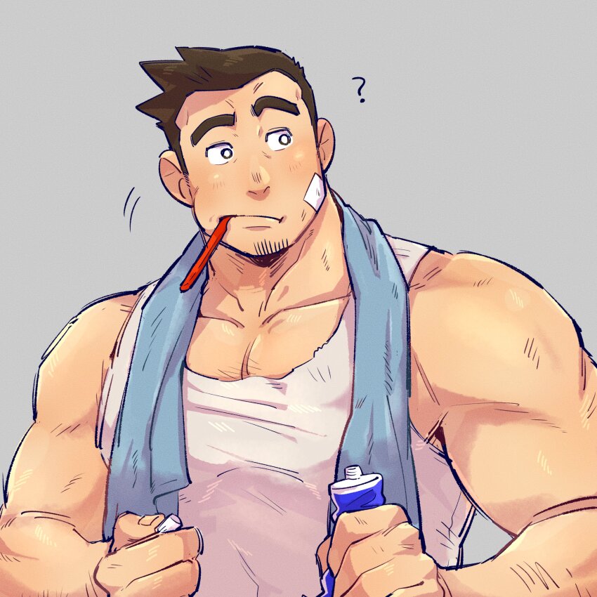 1boy :/ ? absurdres ace_attorney bara brown_hair closed_mouth collarbone dick_gumshoe facial_hair gauze gauze_on_cheek goatee grey_background highres holding holding_tube looking_to_the_side male_focus muscular muscular_male pectoral_cleavage pectorals short_hair sideways_glance simple_background solo tank_top thick_eyebrows toothbrush toothbrush_in_mouth toothpaste towel towel_around_neck upper_body white_tank_top yowasabimechaoc