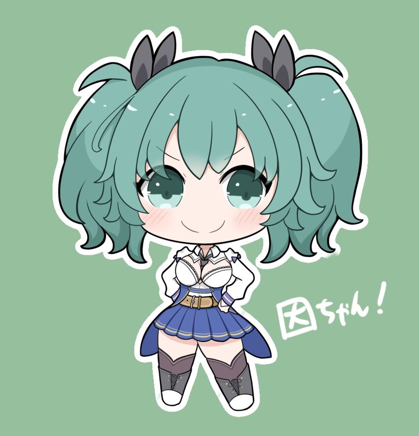 &gt;:) 1girl aqua_eyes aqua_hair assault_lily belt between_breasts black_necktie black_ribbon blue_skirt blush boots bow breasts brown_belt brown_thighhighs character_name chibi cleavage closed_mouth collared_shirt commentary_request full_body green_background grey_boots hair_ribbon hands_on_own_hips happa_no_tanupon highres lace-up_boots long_sleeves looking_at_viewer medium_breasts medium_hair miniskirt necktie necktie_between_breasts odaiba_girls_high_school_uniform outline pleated_skirt purple_bow ribbon school_uniform shirt simple_background skirt sleeve_bow smile solo standing suzuki_chinami thighhighs translated twintails v-shaped_eyebrows waist_cape white_outline