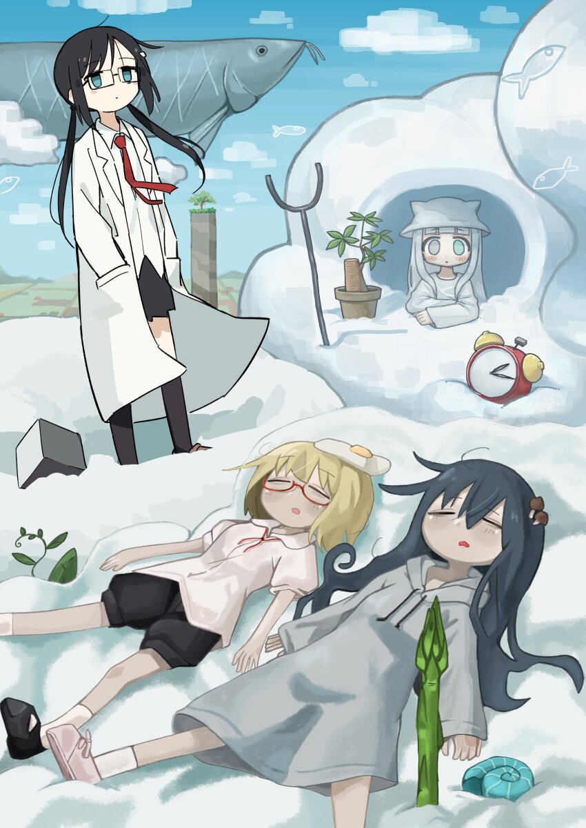 4girls absurdres alarm_clock animal artist_collaboration asparagus black_hair black_shorts black_skirt blonde_hair blue_eyes blue_sky blunt_bangs blush book_cover_redraw clock closed_eyes cloud cloudy_sky coat collared_shirt cube day derivative_work egg_hair_ornament expressionless fake_horns fish flying_fish food-themed_hair_ornament fried_egg fusazakura glasses grey_eyes grey_hoodie hair_ornament hands_in_pockets helmet heterochromia highres hood hood_down hoodie horned_helmet horns kneehighs lab_coat long_hair long_hoodie long_sleeves low_twintails lying multiple_girls mushroom_on_head naaga_sonomono necktie on_back on_cloud open_clothes open_coat outdoors oversized_animal oversized_food oversized_object plant planted potted_plant puffy_short_sleeves puffy_shorts puffy_sleeves red_necktie rnfhv shimeji_simulation shirt shoes short_hair short_sleeves shorts skirt sky sleeping socks standing the_gardener_(shimeji_simulation) tsukishima_shijima tsukishima_shijima&#039;s_sister twintails white_hair white_shirt white_socks yamashita_majime