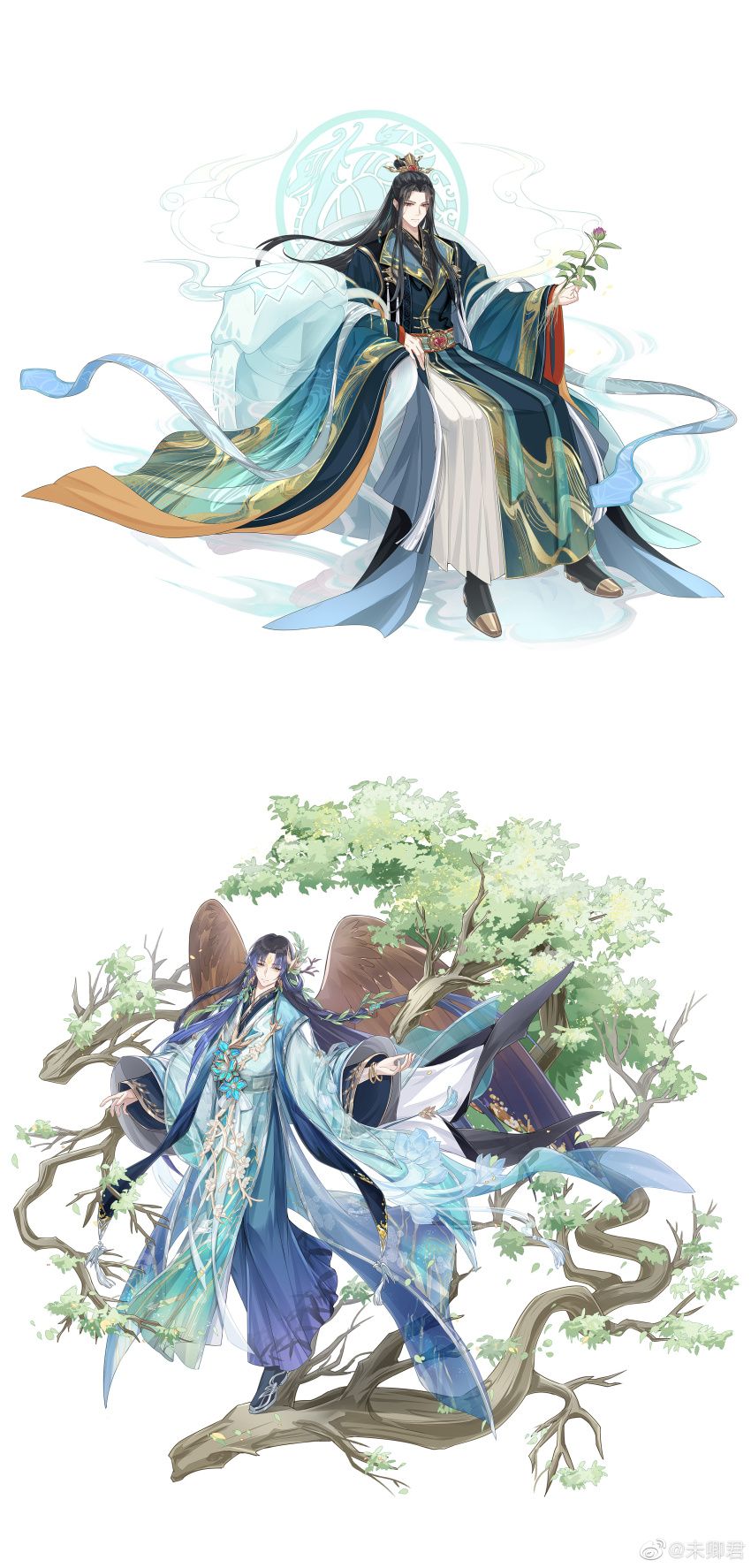 2boys absurdres alternate_costume aqua_robe aqua_sash armchair bamboo_print black_boots black_eyes black_hair blue_gemstone blue_hair blue_sash blue_shawl boots bracelet braid brown_wings chair chinese_clothes chinese_commentary closed_mouth curtained_hair earrings expressionless facial_mark feathered_wings flower flower_ornament forehead_mark full_body gem gold_trim gradient_clothes gradient_hair gradient_robe hair_ornament hair_stick hanfu highres holding holding_flower in_tree jewelry lapels layered_sleeves leaf_earrings leaf_hair_ornament long_hair long_sleeves looking_at_viewer lotus male_focus mole mole_under_eye mole_under_mouth multicolored_hair multicolored_robe multiple_boys official_art parted_bangs plant_roots print_robe robe sash see-through_clothes shawl side_braids sidelocks simple_background sitting smile smoke standing stole swallow_bun_(the_tale_of_food) tassel the_tale_of_food tree turtle tusu_elixir_(the_tale_of_food) watermark wei_qing_jun weibo_watermark white_robe wide_sleeves wings xiao_guan_(headdress) yellow_eyes yesa_robe
