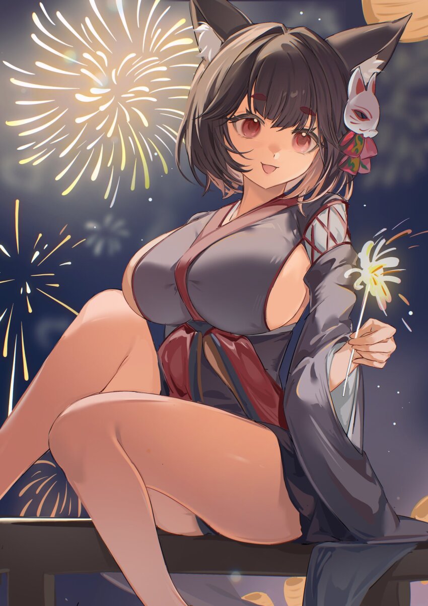 1girl animal_ear_fluff animal_ears ariko_(aaaaarik) azur_lane black_hair breasts cat_ears cat_girl feet_out_of_frame fireworks hair_ribbon happy highres holding holding_fireworks knees large_breasts long_sleeves looking_at_viewer mask mask_on_head mismatched_eyebrows night panties pantyshot red_eyes ribbon short_hair sideboob sitting smile sparkler thighs underwear yamashiro_(azur_lane)