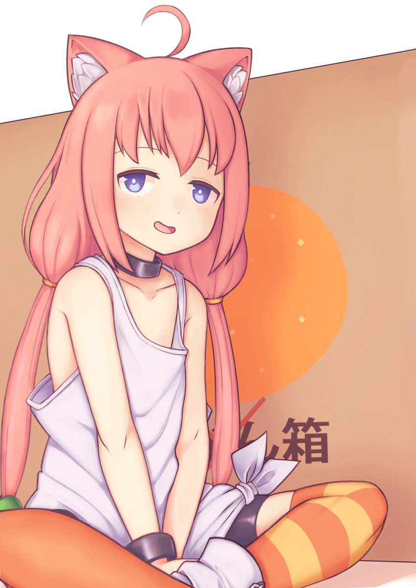 absurdres ahoge animal_ears bike_shorts blue_eyes bracelet cat_ears cat_girl collar eyebrows_hidden_by_hair flat_chest highres hinata_channel indian_style jacy jewelry low_twintails nekomiya_hinata pink_hair shirt sitting smile solo striped_clothes striped_thighhighs tank_top thighhighs tied_shirt twintails virtual_youtuber white_tank_top