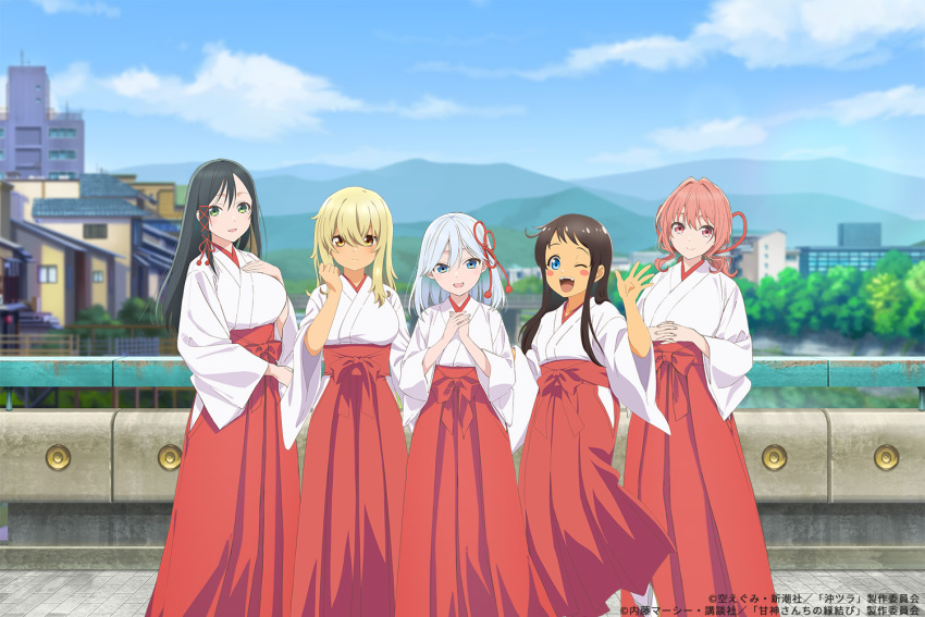 5girls :d ;d amagami-san_chi_no_enmusubi amagami_asahi amagami_yae amagami_yuna blonde_hair blue_eyes blue_hair breasts brown_hair closed_mouth cowboy_shot crossover green_eyes green_hair hair_ribbon hakama higa_kana japanese_clothes kimono kyan_hina large_breasts long_hair medium_hair miko multiple_girls official_art okinawa_de_suki_ni_natta_ko_ga_hougen_sugite_tsurasugiru one_eye_closed open_mouth outdoors pink_eyes pink_hair promotional_art red_hakama red_ribbon ribbon smile waving white_kimono yellow_eyes