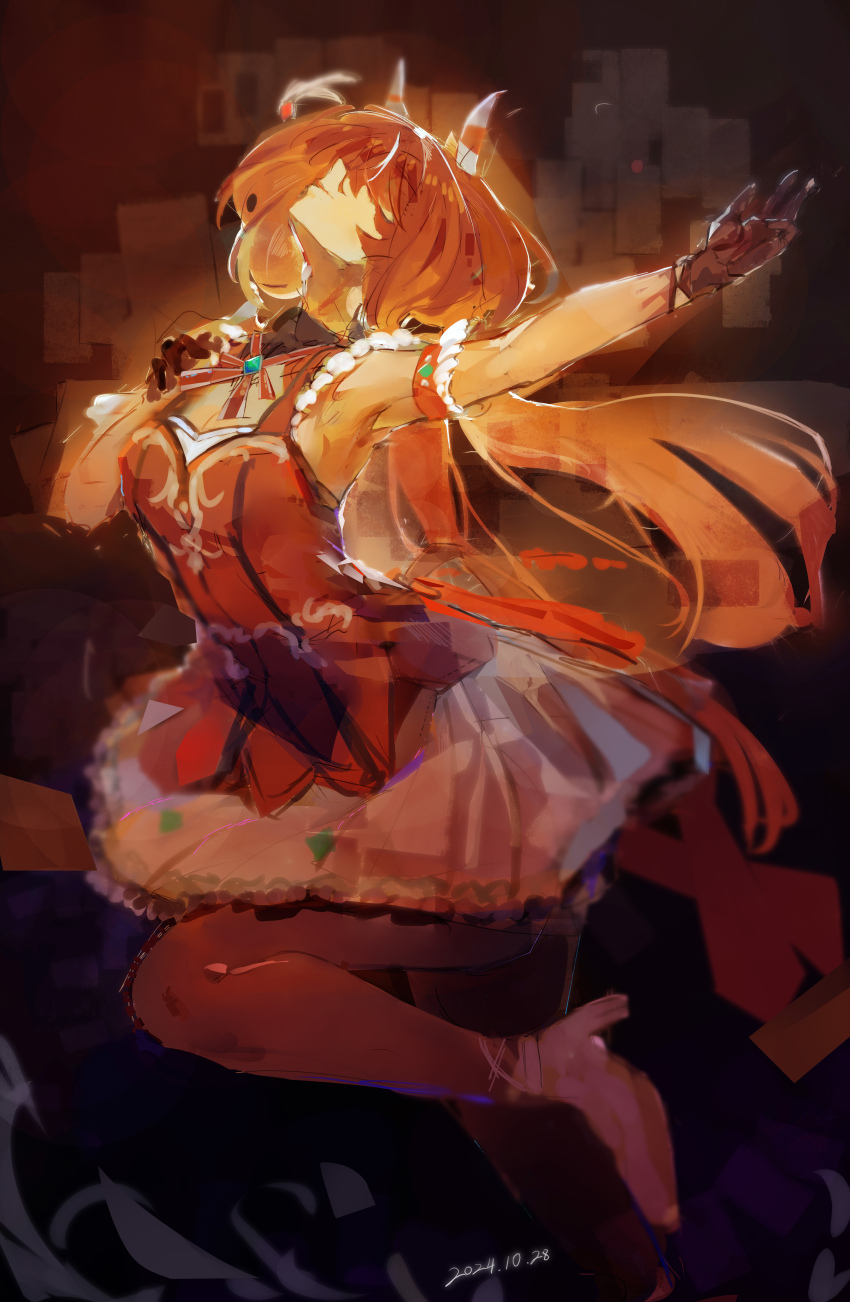 1girl absurdres animal_ears arm_cuffs arms_up black_gloves black_pantyhose breasts brown_hair cleavage dress ear_covers floating_hair frilled_cuffs gloves hand_on_own_chest head_back high_heels highres horse_ears horse_girl horse_tail long_hair medium_breasts multicolored_hair pantyhose red_dress shoes sleeveless sleeveless_dress solo streaked_hair tail umamusume very_long_hair white_hair white_shoes win_variation_(umamusume) wista