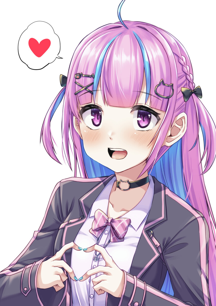 ..._tadano_gomi 1girl ahoge anchor_necklace aqua_nails black_bow black_choker black_jacket blue_hair blush bow bowtie braid cat_choker cat_hair_ornament choker collarbone collared_shirt commentary fingernails hair_bow hair_ornament hairclip heart heart_hands highres hololive jacket jewelry long_hair long_sleeves looking_at_viewer minato_aqua minato_aqua_(school_uniform) multicolored_hair multicolored_jacket nail_polish necklace o-ring o-ring_choker open_clothes open_jacket open_mouth paw_hair_ornament pink_bow pink_bowtie pink_eyes pink_hair pink_jacket plaid_bow plaid_bowtie plaid_clothes school_uniform shirt simple_background smile solo streaked_hair teeth two-tone_hair two-tone_jacket two_side_up upper_teeth_only virtual_youtuber white_background white_shirt