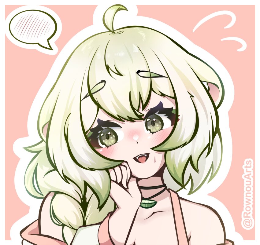 absurdres ahoge animal_ears artist_name bare_shoulders blush braid braided_ponytail close-up ferret ferret_ears ferret_girl food fruit gradient_hair green_hair hand_on_own_face head_tilt highres indie_virtual_youtuber jacket laimu_(vtuber) laimu_(vtuber)_(1st_costume) lime_(fruit) lime_necklace lime_slice multicolored_hair off_shoulder outline rownou simple_background speech_bubble strap sweat sweatdrop two-tone_hair vinesauce virtual_youtuber white_hair
