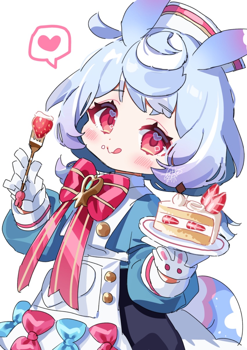 1girl :q animal_ears apron aqua_shirt artist_name black_shorts blue_bow blue_hair blush bow bowtie brooch cake cake_slice closed_mouth commentary_request crossed_bangs eyelashes food food_on_face fork fruit genshin_impact gloves gradient_hair hair_between_eyes hair_ornament hands_up hat heart heart_in_eye highres holding holding_fork holding_plate jewelry long_sleeves looking_at_viewer low_twintails meda_cha medium_hair multicolored_hair nurse_cap plate pom_pom_(clothes) pom_pom_hair_ornament puffy_long_sleeves puffy_shorts puffy_sleeves purple_hair red_bow red_bowtie red_eyes shirt shorts sidelocks sigewinne_(genshin_impact) signature simple_background smile solo speech_bubble spoken_heart strawberry strawberry_shortcake symbol_in_eye tail tongue tongue_out twintails white_apron white_background white_gloves white_hat